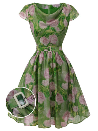 Grün 1960er Ölmalerei Rose Kleid