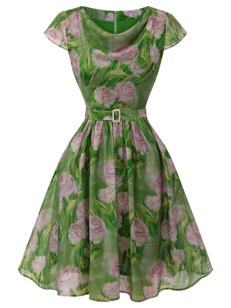 Grün 1960er Ölmalerei Rose Kleid