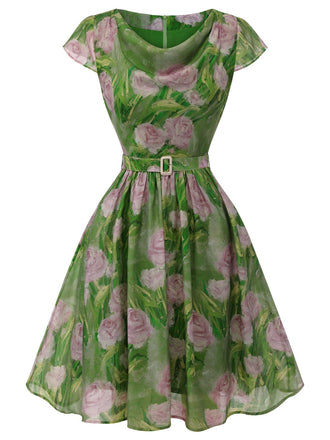 Grün 1960er Ölmalerei Rose Kleid