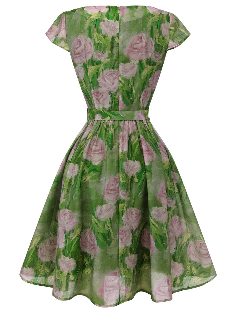 Grün 1960er Ölmalerei Rose Kleid