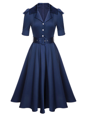 Blaues 1940er Kleid mit kurzen Ärmeln und Revers