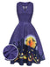 Dunkelviolettes 1950er Halloween-Swingkleid mit V-Ausschnitt