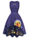 Dunkelviolettes 1950er Halloween-Swingkleid mit V-Ausschnitt