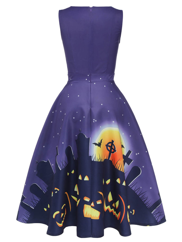 Dunkelviolettes 1950er Halloween-Swingkleid mit V-Ausschnitt