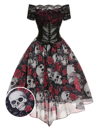[Vorverkauf] 1950er Gothic Skelett Totenkopf Rose Spitze Mesh Kleid