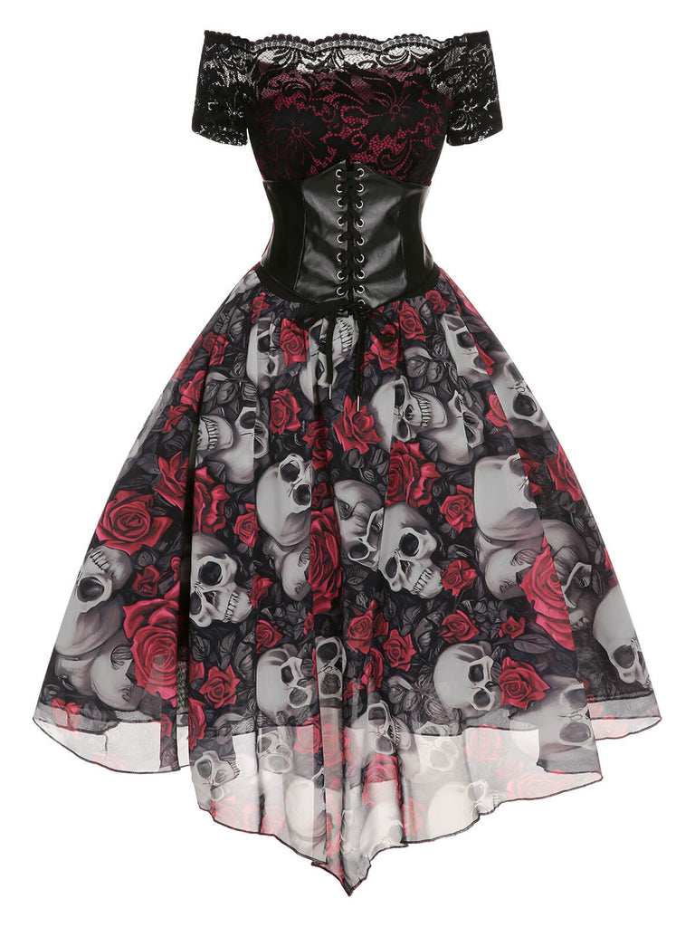 1950er Gothic Skelett Totenkopf Rose Spitze Mesh Kleid