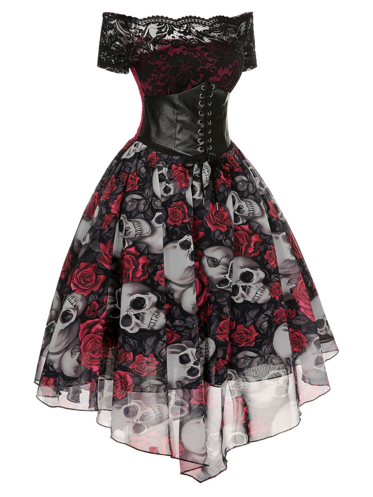 1950er Gothic Skelett Totenkopf Rose Spitze Mesh Kleid