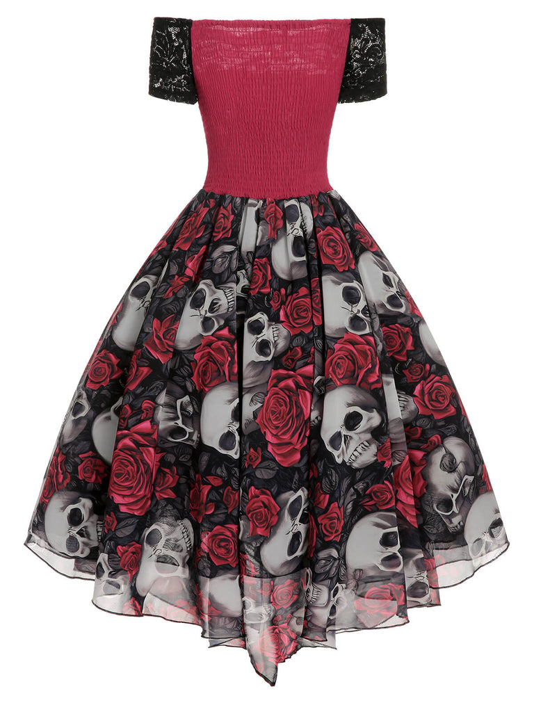 1950er Gothic Skelett Totenkopf Rose Spitze Mesh Kleid
