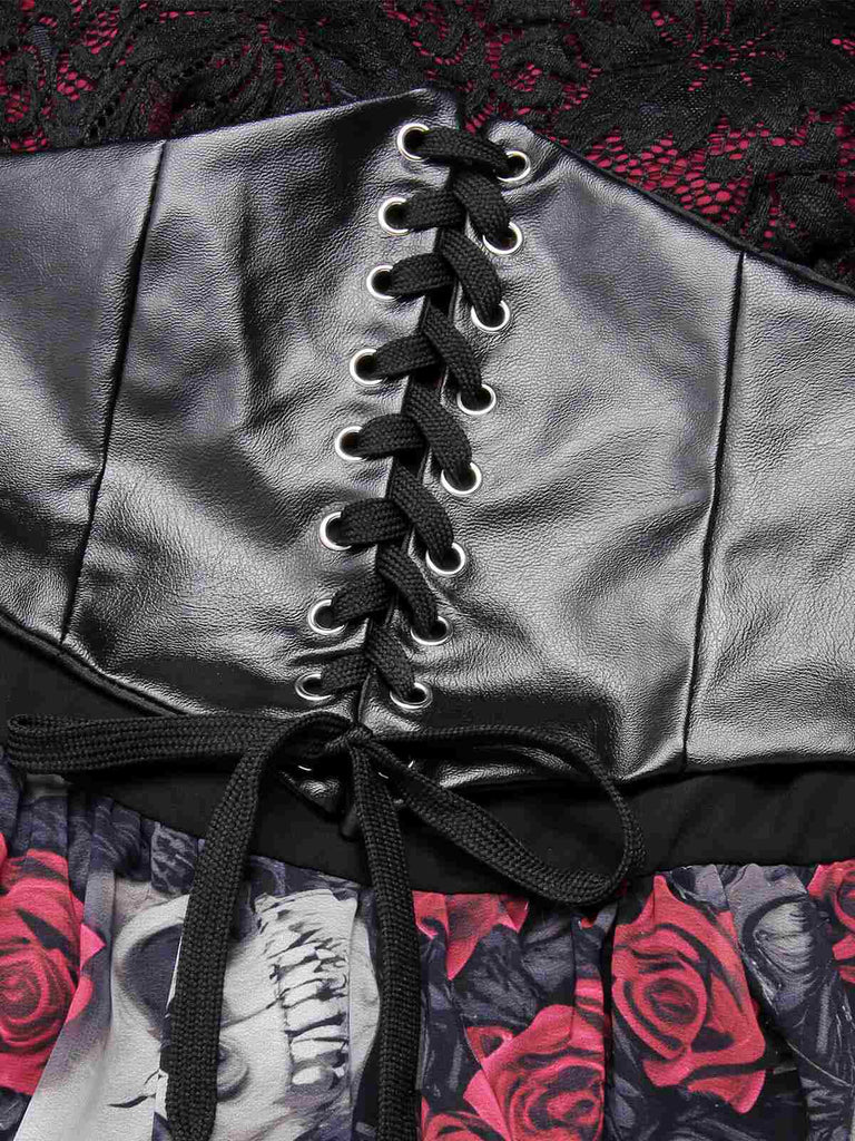 1950er Gothic Skelett Totenkopf Rose Spitze Mesh Kleid