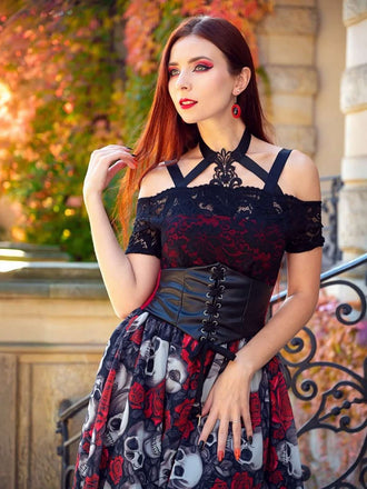 [Vorverkauf] 1950er Gothic Skelett Totenkopf Rose Spitze Mesh Kleid