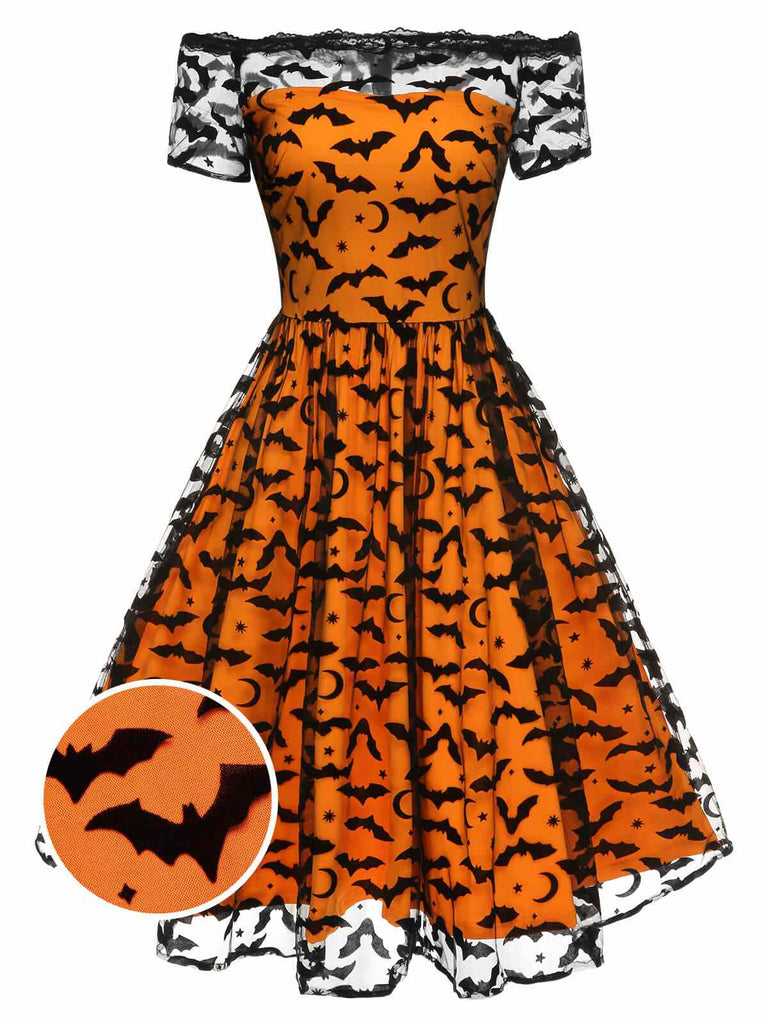 1950er Halloween Fledermaus Kostüm Spitzen Schulter Swing Kleid
