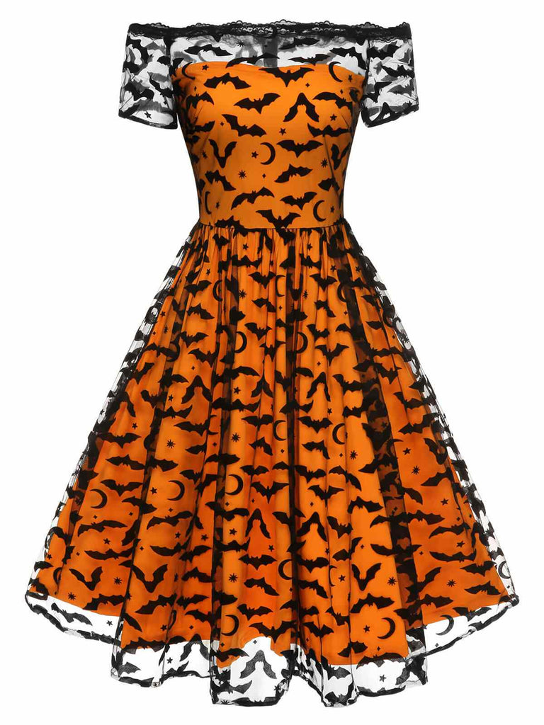 1950er Halloween Fledermaus Kostüm Spitzen Schulter Swing Kleid
