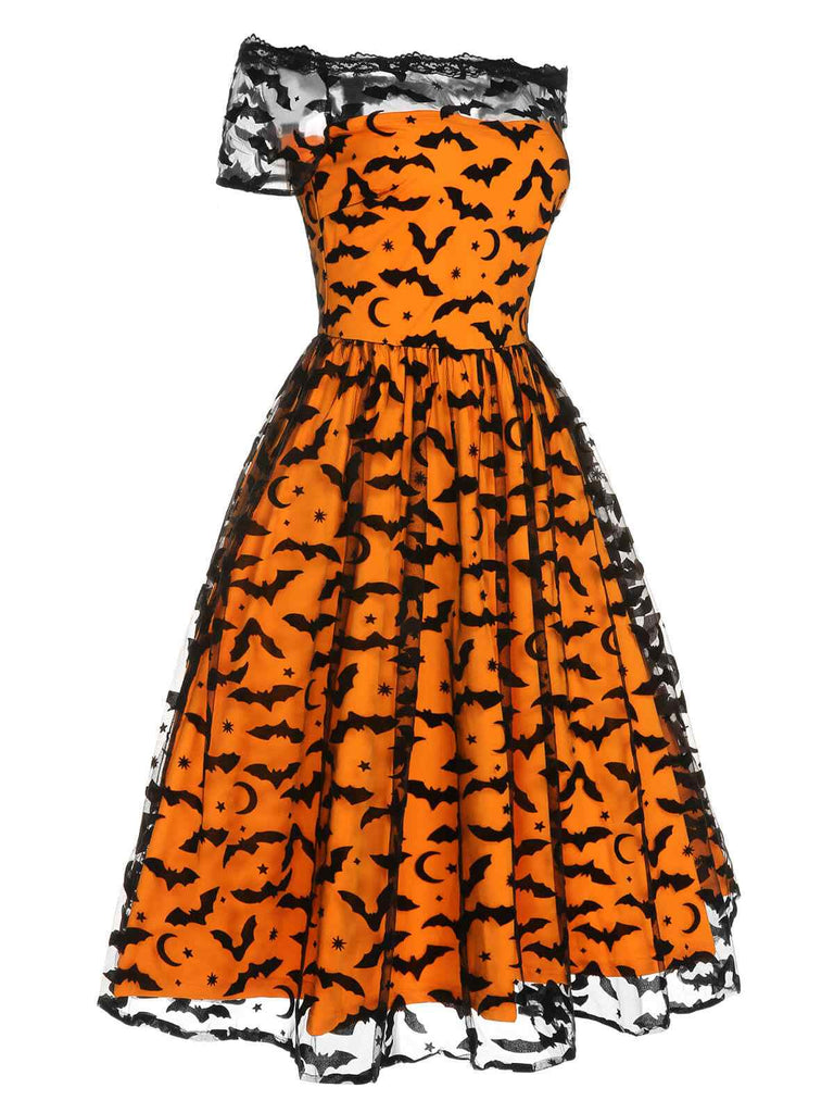 1950er Halloween Fledermaus Kostüm Spitzen Schulter Swing Kleid