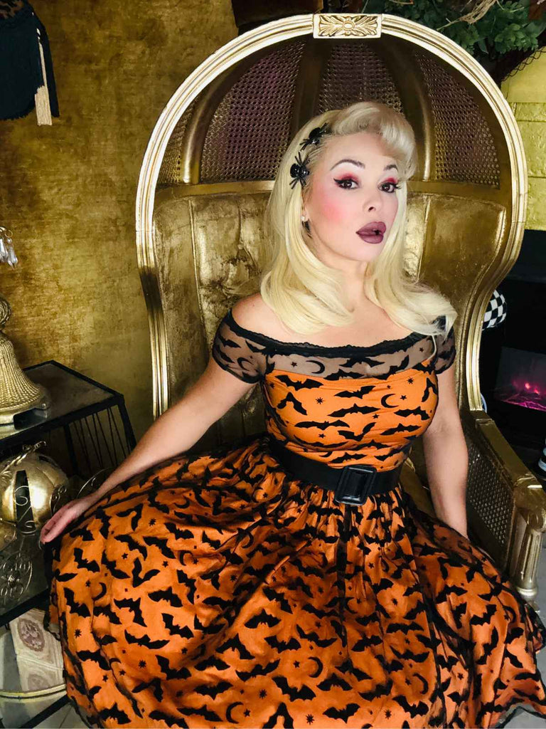1950er Halloween Fledermaus Kostüm Spitzen Schulter Swing Kleid