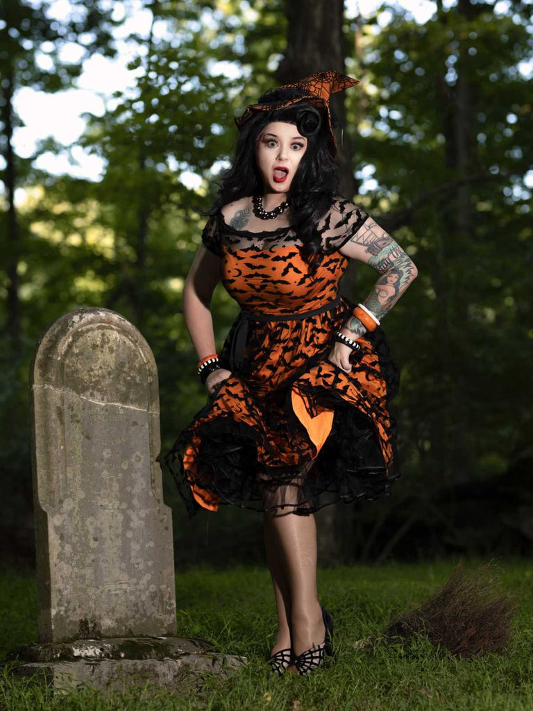 1950er Halloween Fledermaus Kostüm Spitzen Schulter Swing Kleid