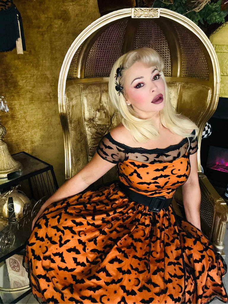 1950er Halloween Fledermaus Kostüm Spitzen Schulter Swing Kleid