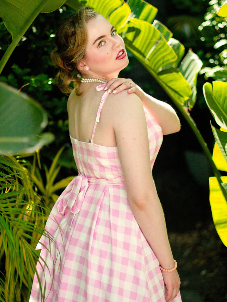 Rosa 1950er Spaghettiträger Plaid Bogen Swing Kleid