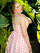 Rosa 1950er Spaghettiträger Plaid Bogen Swing Kleid