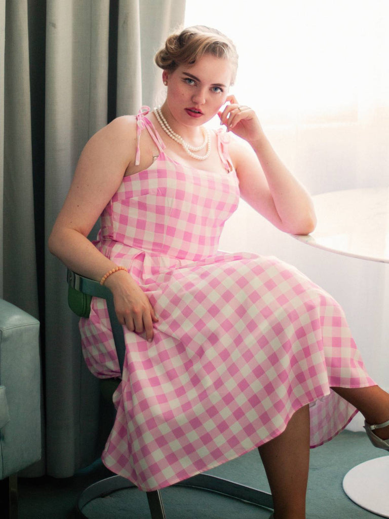 Rosa 1950er Spaghettiträger Plaid Bogen Swing Kleid