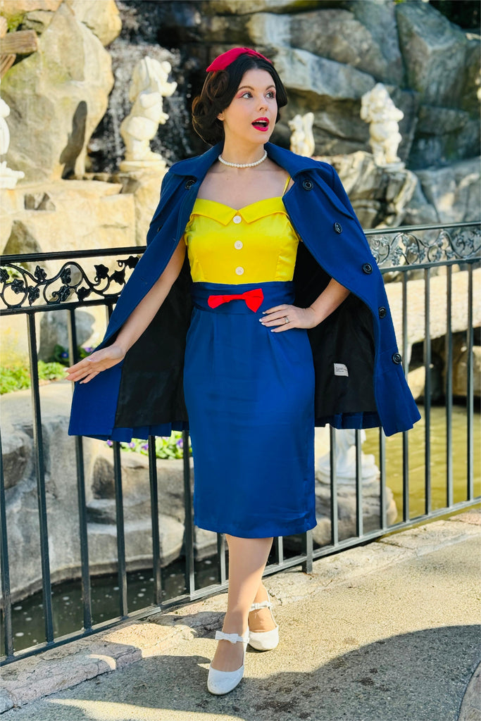 Gelb & Blau 1960er Schneewittchen Kostüm Bogen Bleistift Kleid