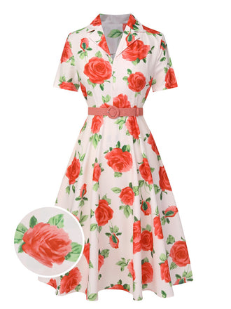 Beige 1950er Rosen-Reverskleid Mit Gürtel