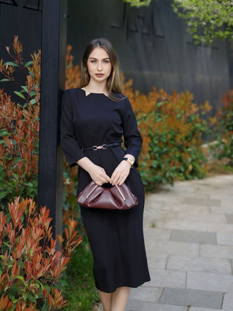 Schwarz 1960er Solide U-Boot-Ausschnitt Wickeln Kleid