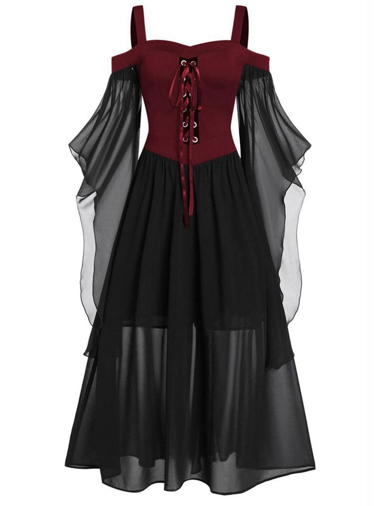 [Übergröße] 1950er Gothic Hosenträger Kontrast Chiffon Strap Kleid