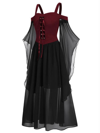 [Übergröße] 1950er Gothic Hosenträger Kontrast Chiffon Strap Kleid