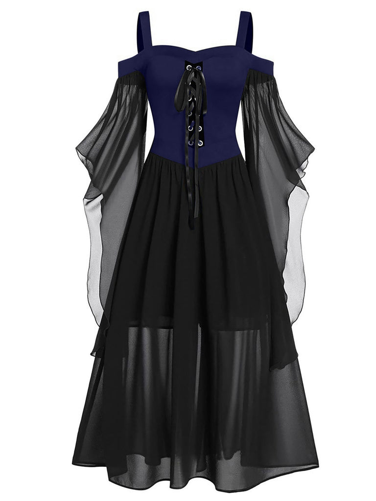 [Übergröße] 1950er Gothic Hosenträger Kontrast Chiffon Strap Kleid