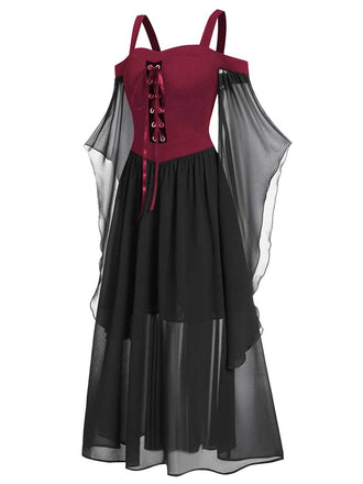 Tiefrot 1950er Halloween Gothic Hexe Transparentes Ärmel Träger Kleid