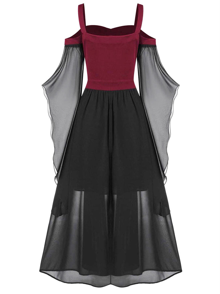 Tiefrot 1950er Halloween Gothic Hexe Transparentes Ärmel Träger Kleid