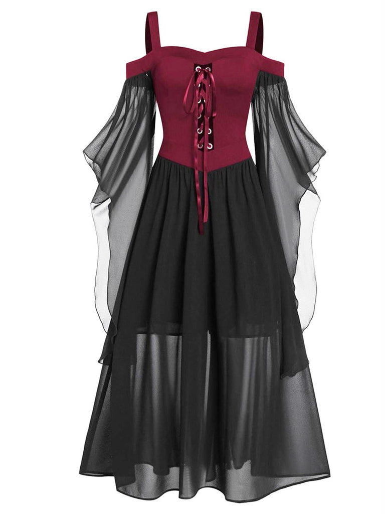 Tiefrot 1950er Halloween Gothic Hexe Transparentes Ärmel Träger Kleid