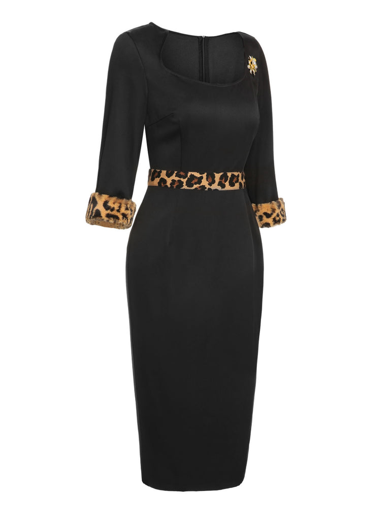 Schwarz 1960er Rohsaum Leopard Asymmetrisches Wickelkleid