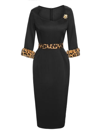 Schwarz 1960er Rohsaum Leopard Asymmetrisches Wickelkleid