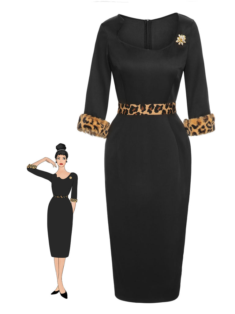 Schwarz 1960er Rohsaum Leopard Asymmetrisches Wickelkleid