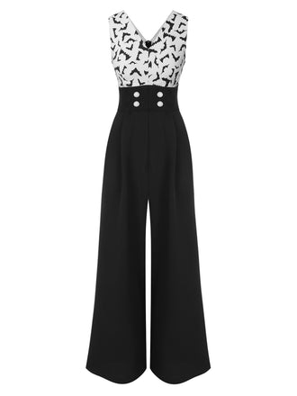 [Vorverkauf] Schwarz 1930er Halloween Fledermaus Patchwork Jumpsuit