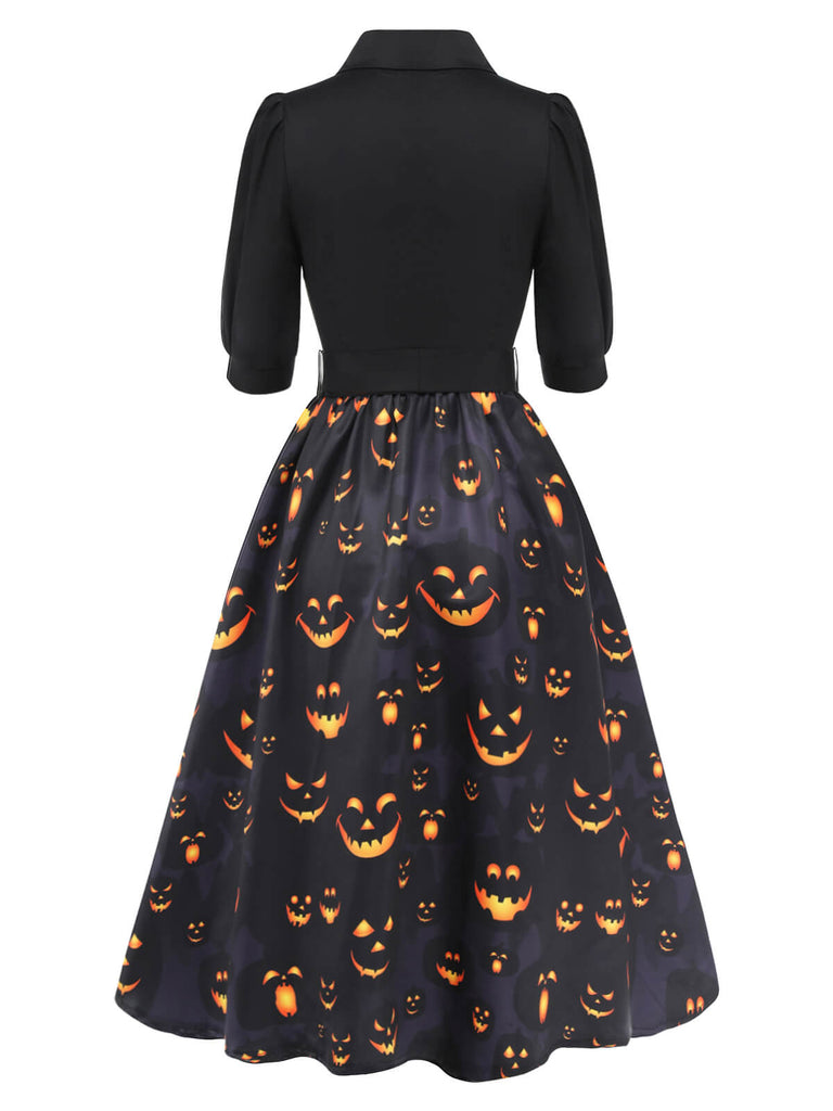 Schwarzes 1940er Halloween Revers Kürbis Gürtelkleid