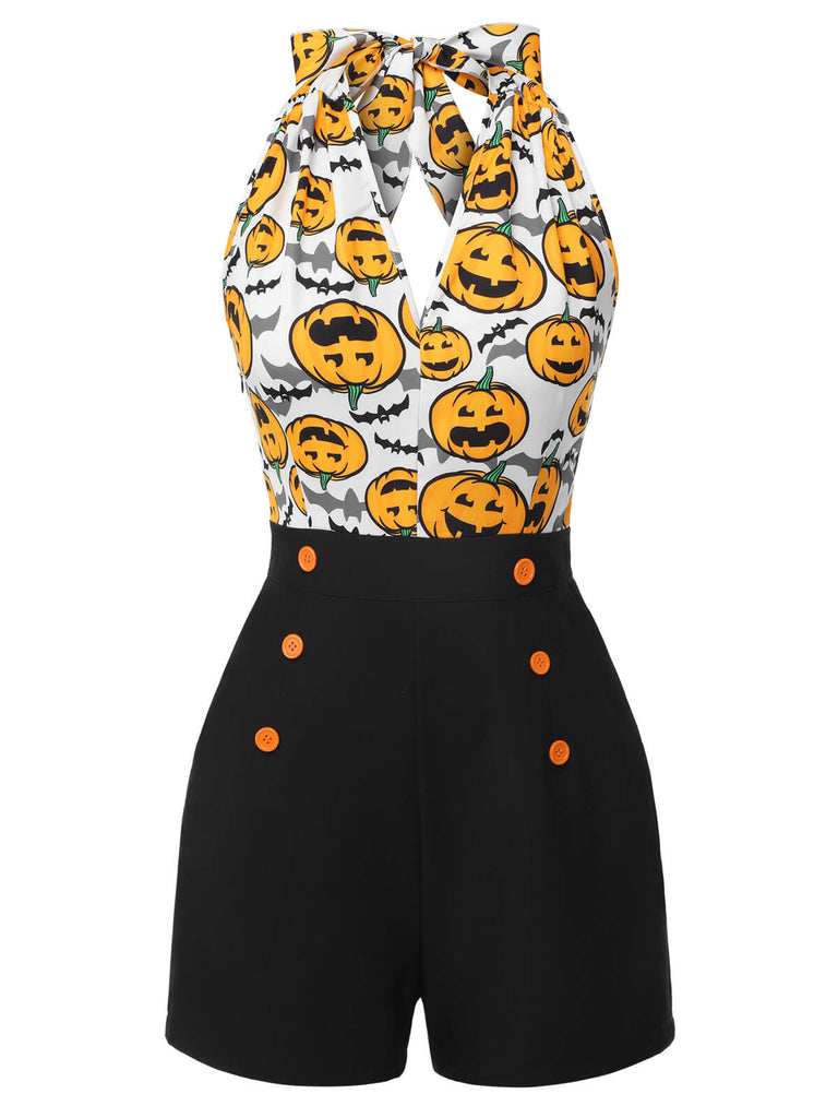 Schwarz 1950er Halloween Kürbis Halter Romper