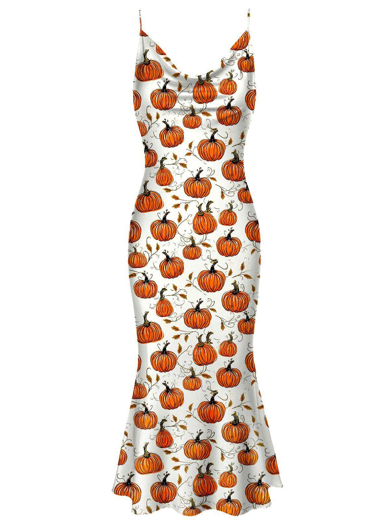 [Vorverkauf] Gelb & Weiß 1930er Halloween Kürbisse Fischschwanz Kleid