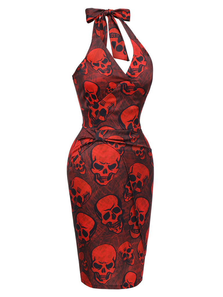 Tiefrot 1960er Halloween Schädel Halter Kleid