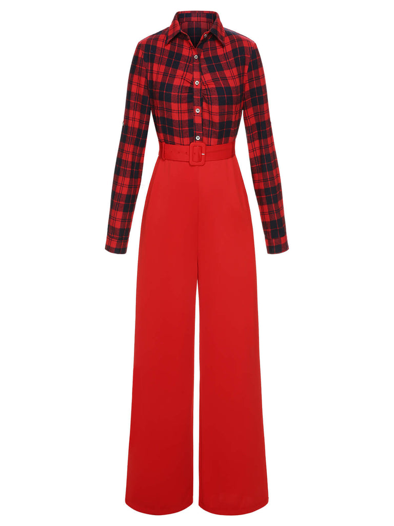 Rot 1930er Weihnachten Plaid Jumpsuit
