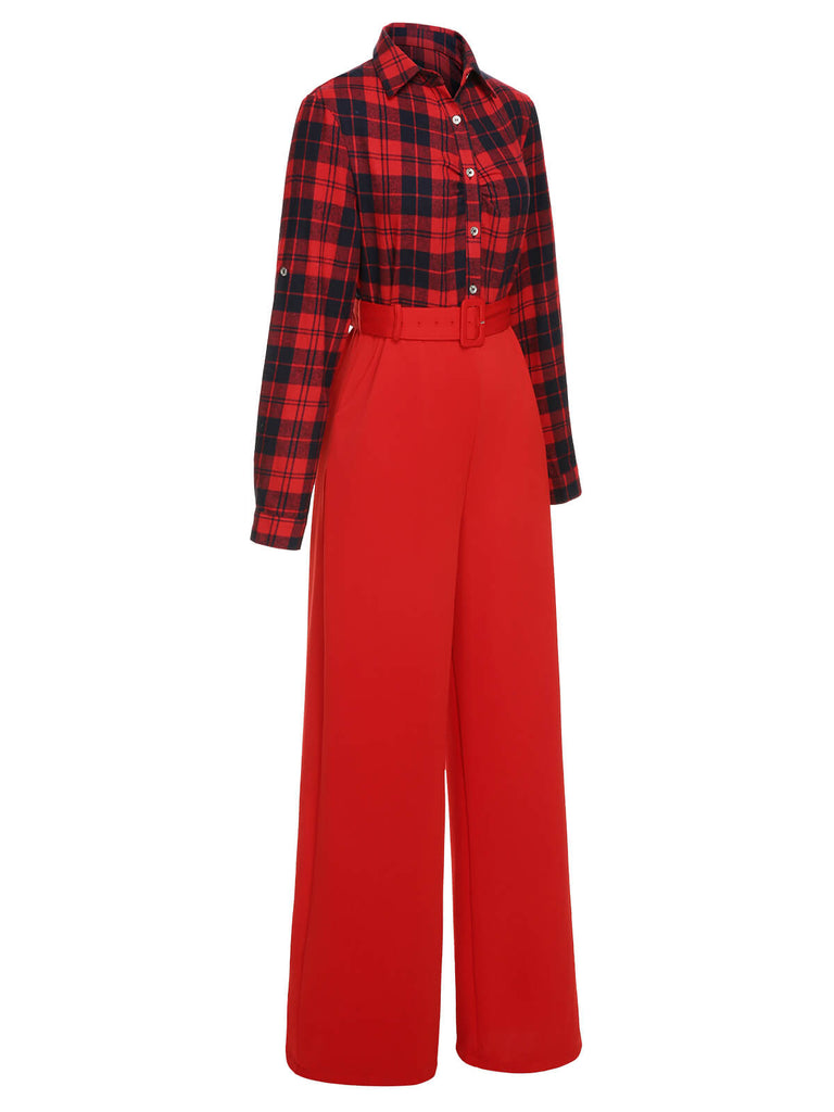 Rot 1930er Weihnachten Plaid Jumpsuit