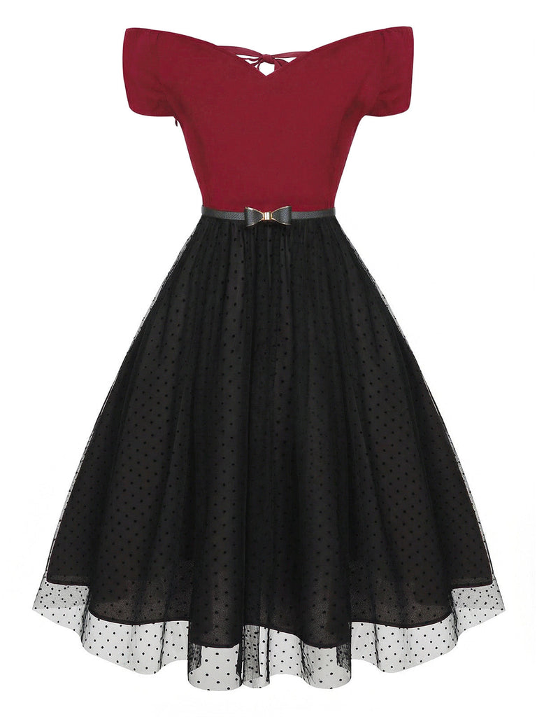 [Vorverkauf] Rot 1950er Gepunktetes Kleid Mit Schultergürtel