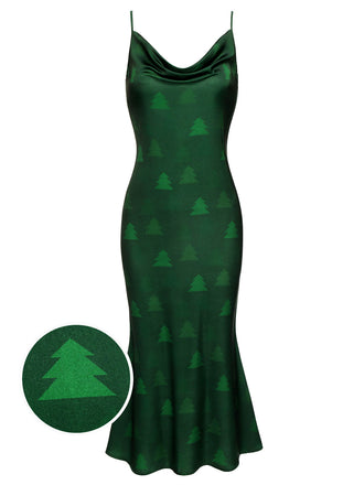 Grünes 1930er Weihnachtsbaum-Trägerkleid mit Fischschwanz