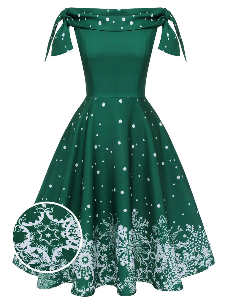 Grün 1950er Weihnachten Schulterfrei Schneeflocke Kleid
