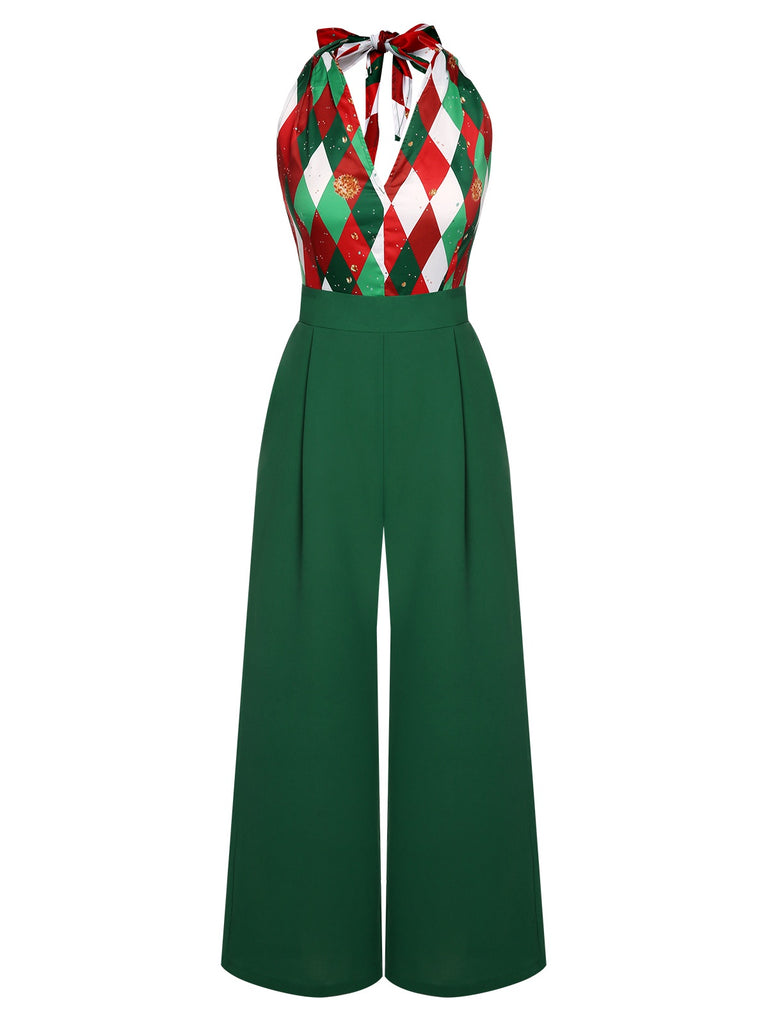 [Vorverkauf] Rot 1930er Weihnachten Plaid Spitze Patchwork Jumpsuit