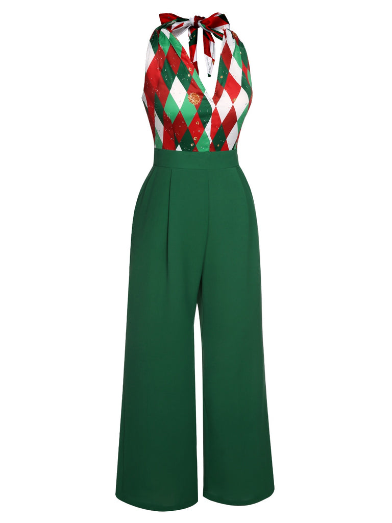 [Vorverkauf] Rot 1930er Weihnachten Plaid Spitze Patchwork Jumpsuit