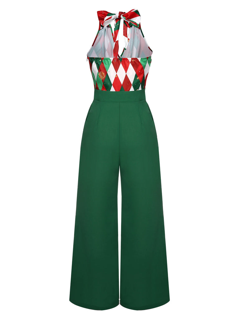 [Vorverkauf] Rot 1930er Weihnachten Plaid Spitze Patchwork Jumpsuit