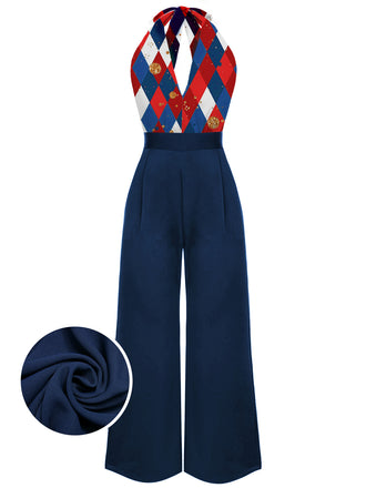Blau 1930er Weihnachten Plaid Spitze Patchwork Jumpsuit