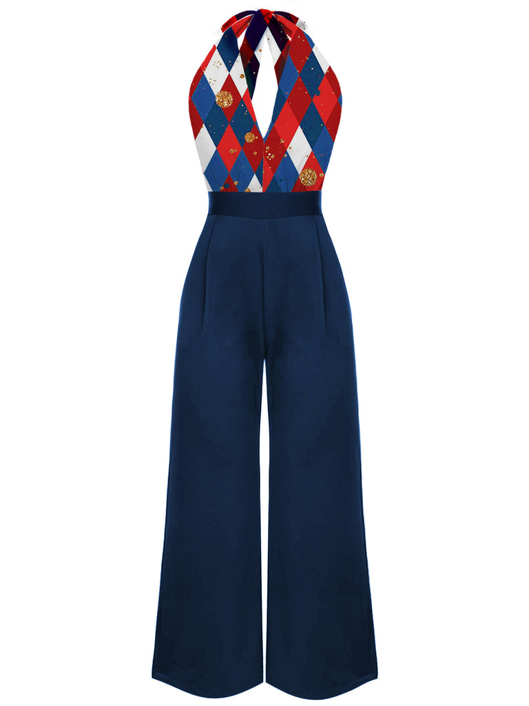 Blau 1930er Weihnachten Plaid Spitze Patchwork Jumpsuit